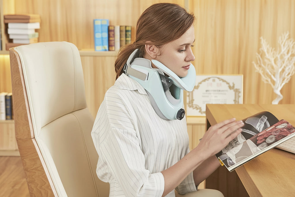Woman using a neck pillow in an office setting