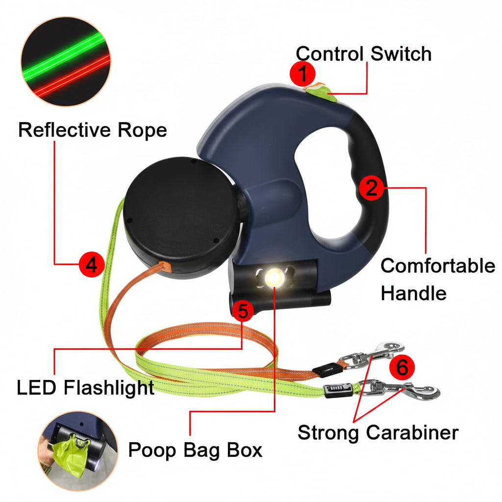 Dog leash with labeled features on a white background