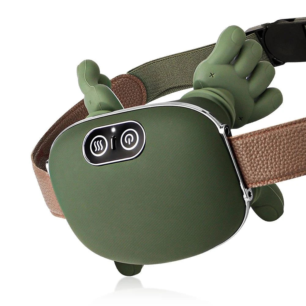 Green electronic device attached to a brown belt on a white background