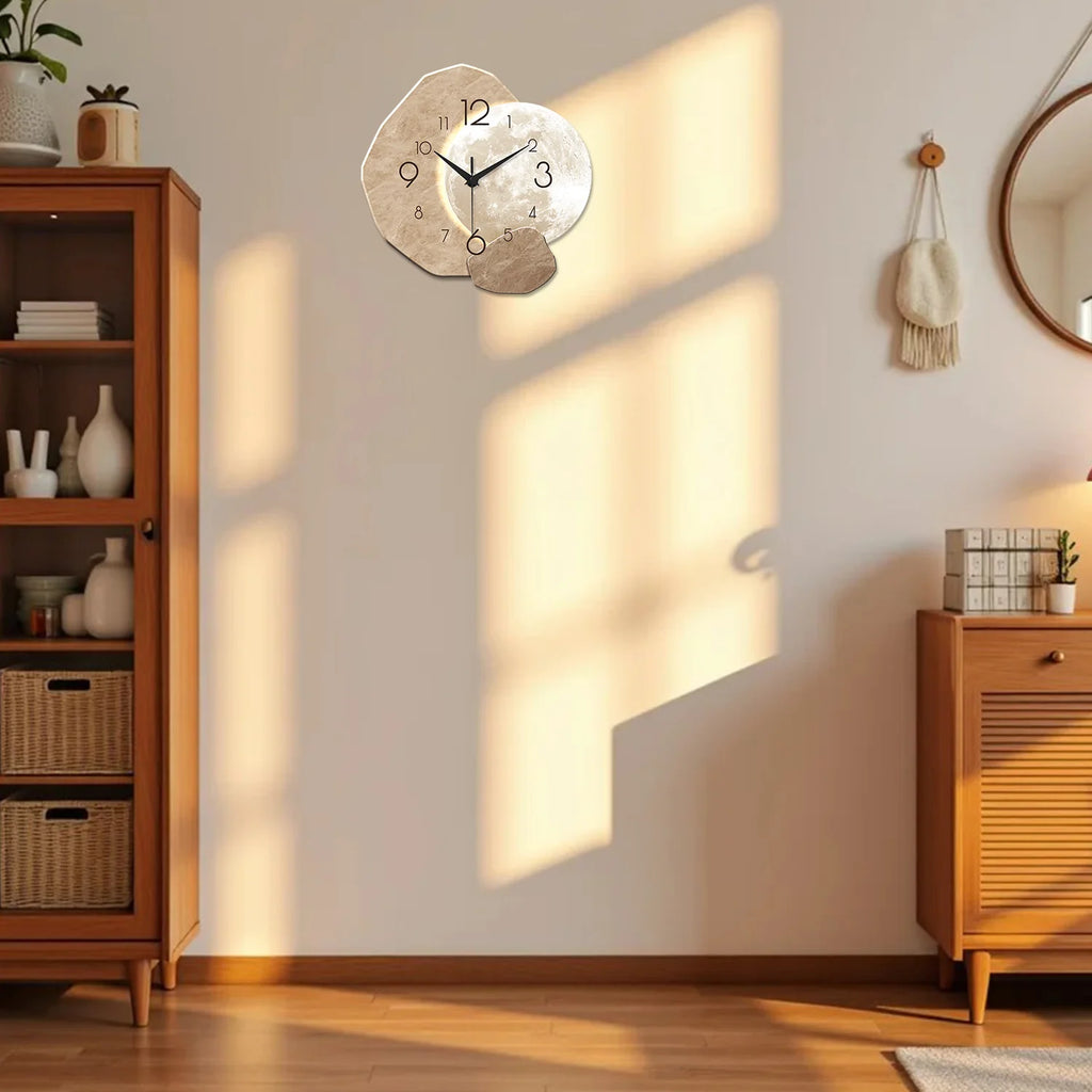 Modern Simple Silent Wall Clock | Moon Design Bamboo & Wooden Quartz Clock