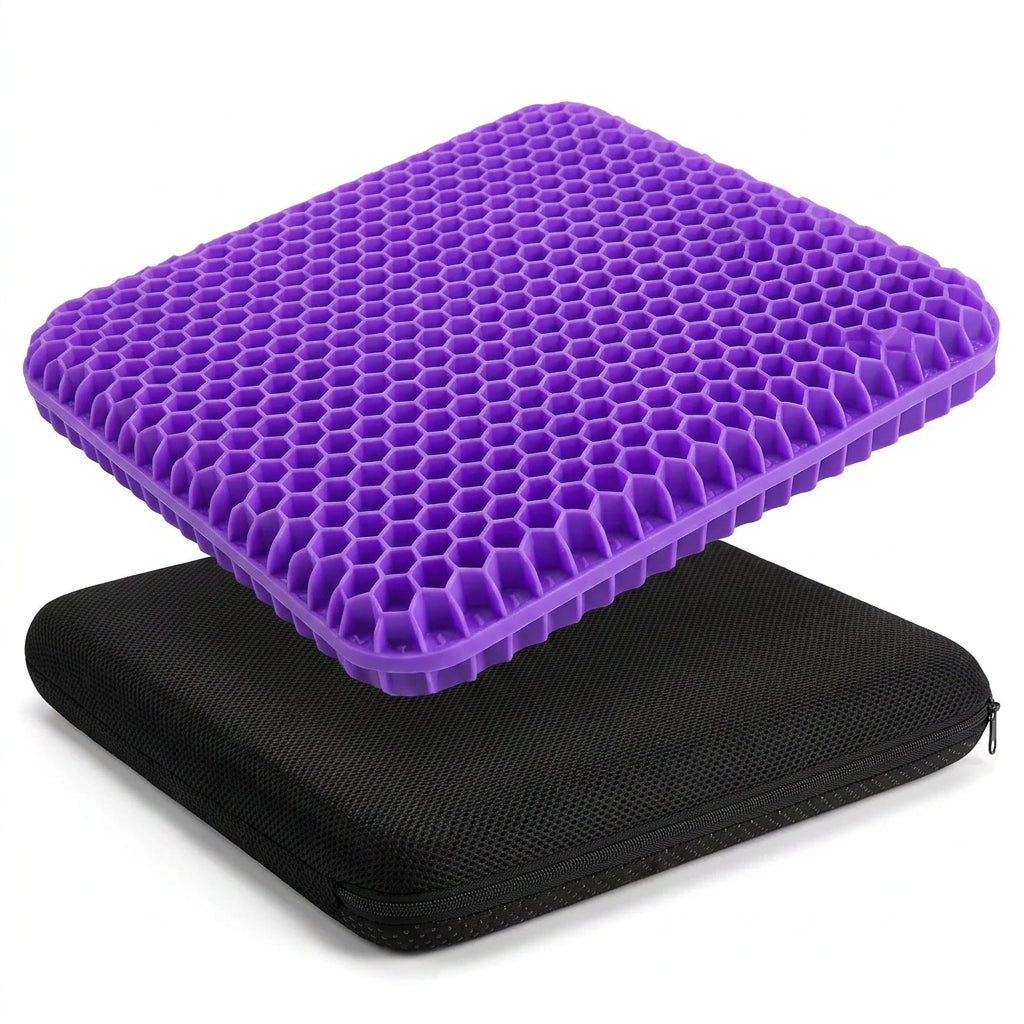 Purple and black memory foam pillow with a honeycomb texture, shown with feature callout circles and the text 'PRODUCT DETAILS DISPLAY' on a white background.