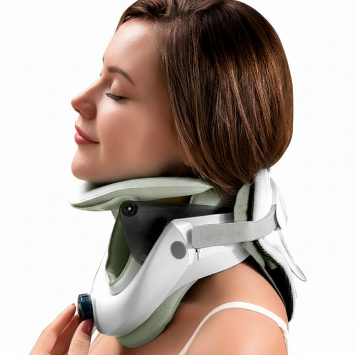 A woman in profile wearing a neck support brace with orange arrows indicating posture or support points, on a plain white background.