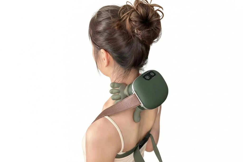 Hand-shaped trapezius massager being used on a person's neck and shoulder with additional views of its use on the leg.