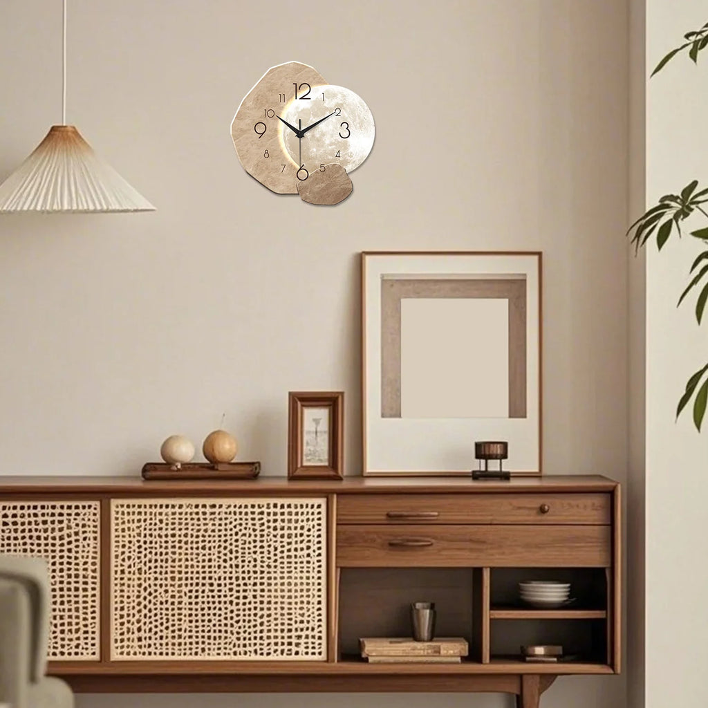 Modern Simple Silent Wall Clock | Moon Design Bamboo & Wooden Quartz Clock