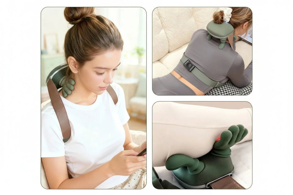 Woman using a neck and back massager with additional attachments on a couch.