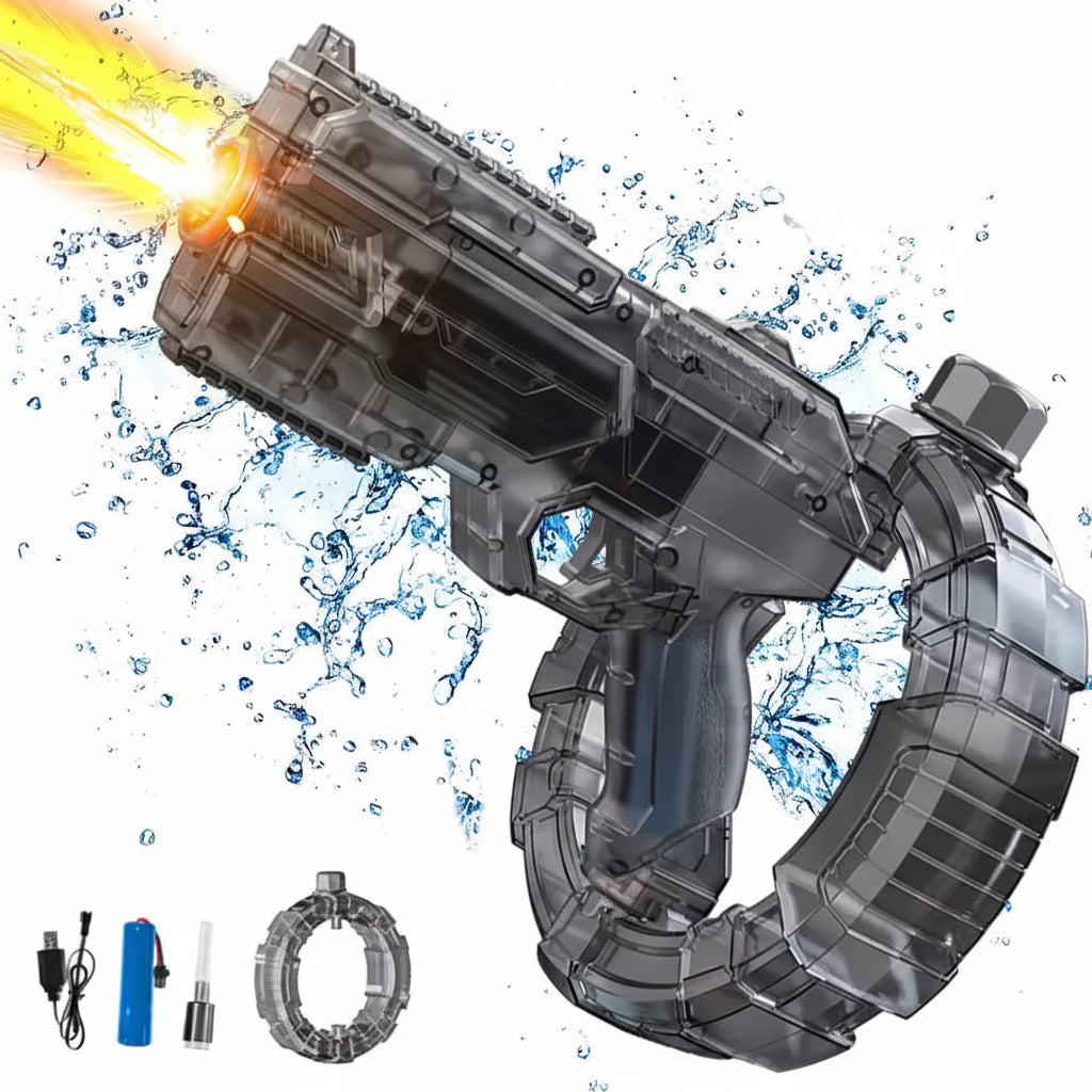 Toy water gun with water and fire effects on a white background