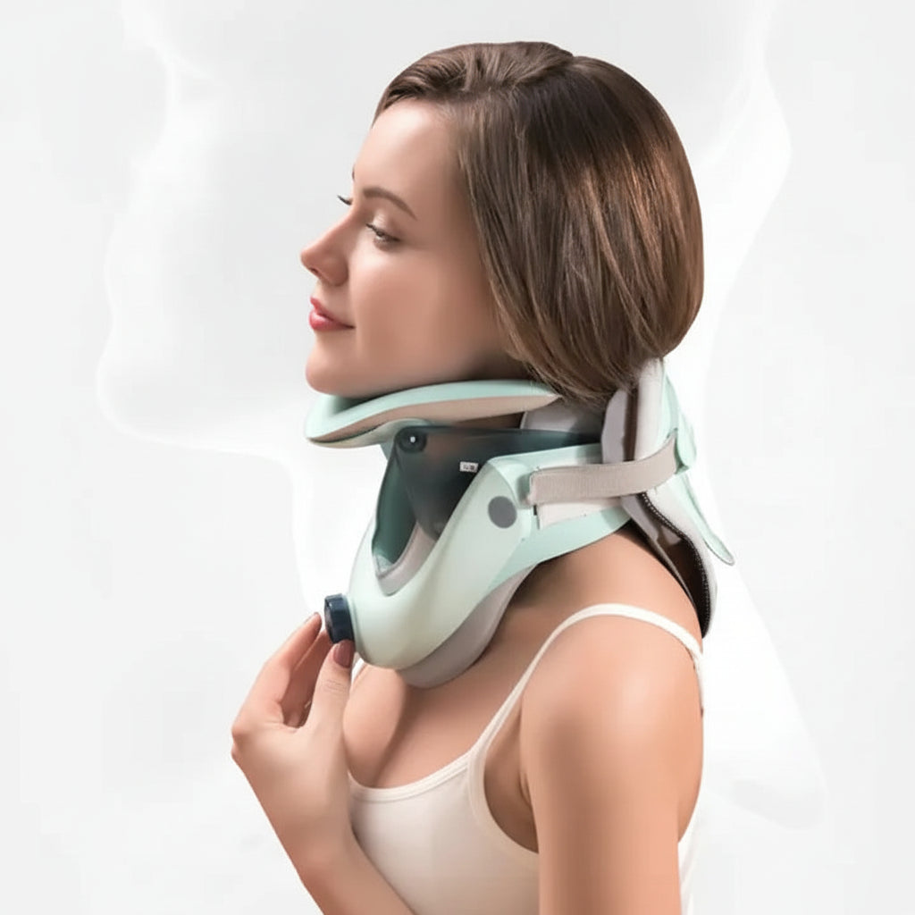 Woman wearing a cervical spine device with labeled benefits on a white background