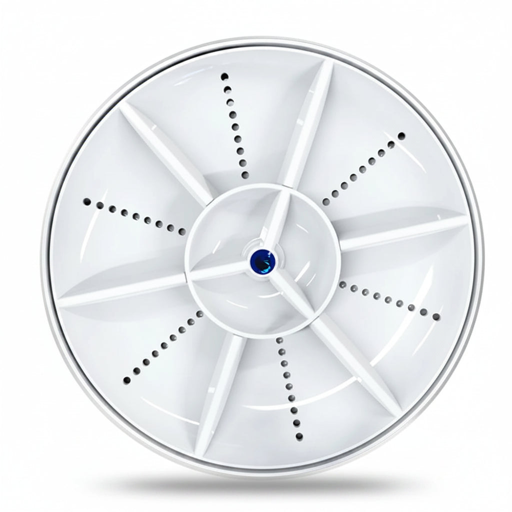 White circular object with blue center on a white background