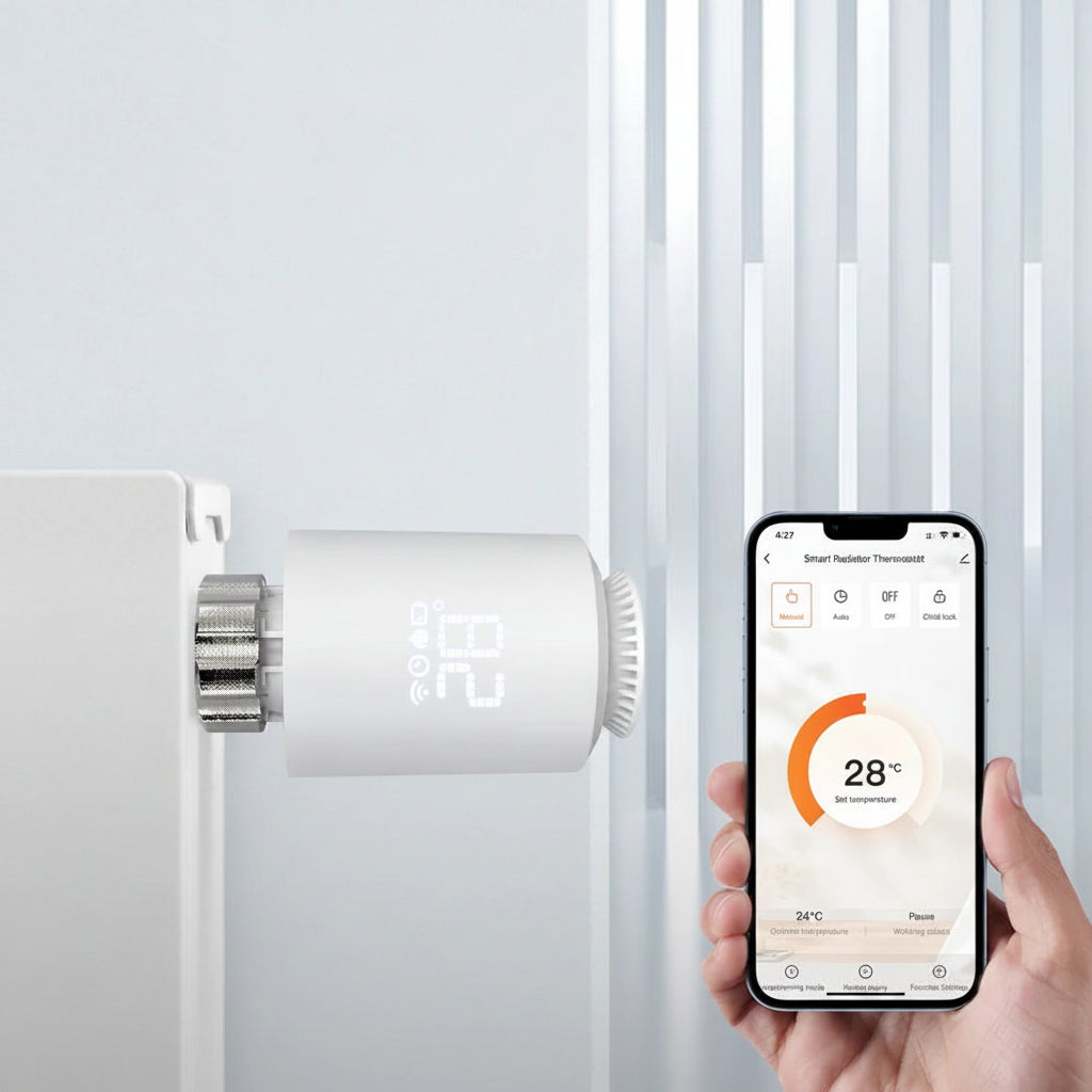 Smart radiator thermostat valve with app control on a white background