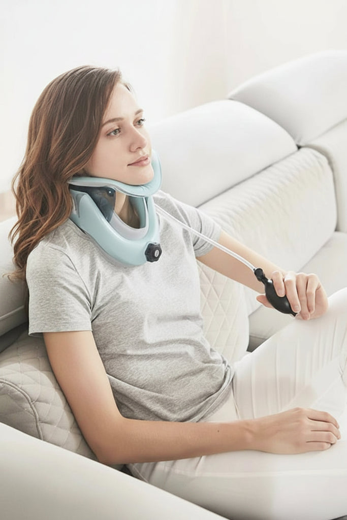 Woman using a neck traction device on a couch