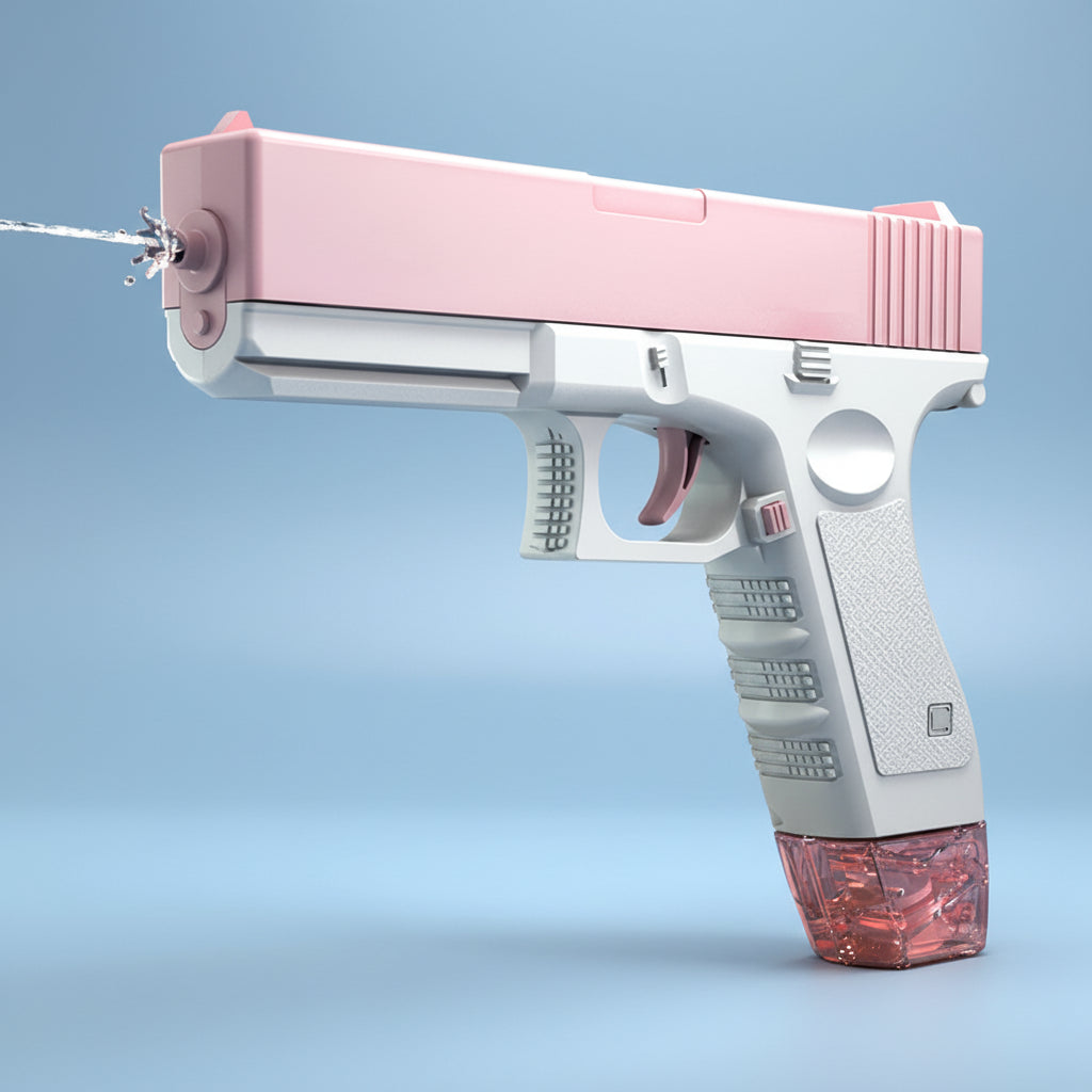 Pink and white electric water cannon with water spraying, on a blue tiled background.