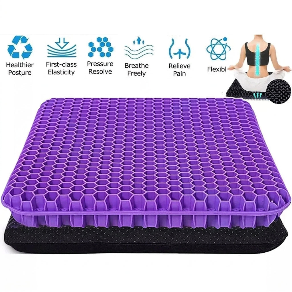 Purple and black honeycomb gel memory pillow shown on a white background with feature icons and a small seated figure demonstrating support.