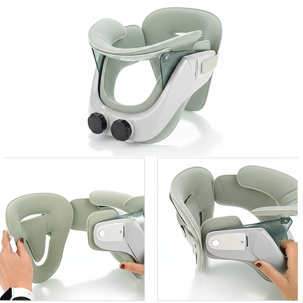Baby car seat with a white base and greenish-beige cover, showing assembly process.