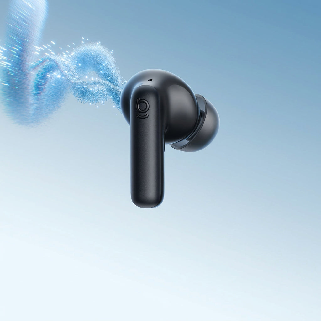 Black wireless earbuds with noise cancellation feature on a blue background