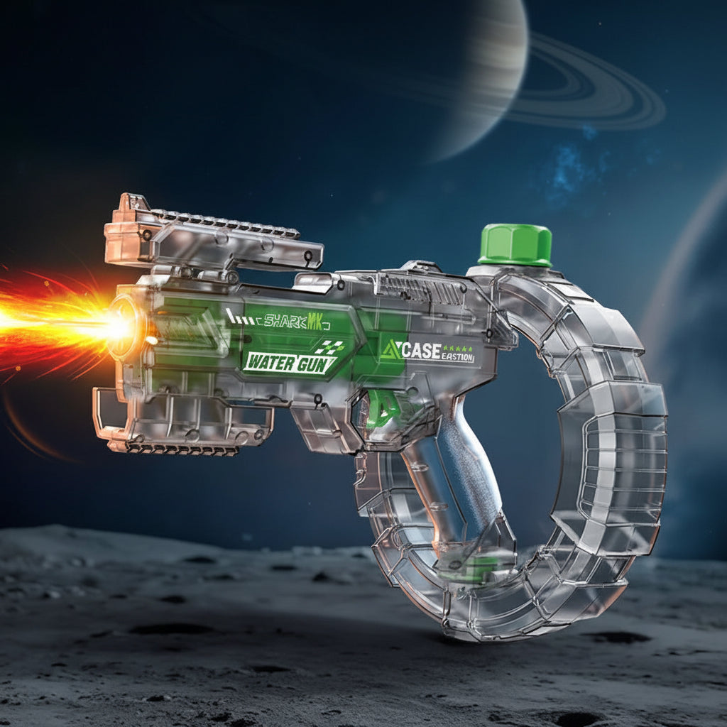 Transparent gray Z-lock space fire-fighting water gun with green accents on a space-themed background.