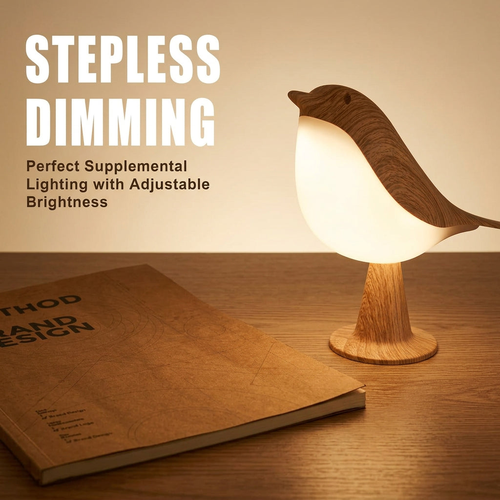 Wooden bird-shaped lamp with stepless dimming feature next to a book on a neutral background