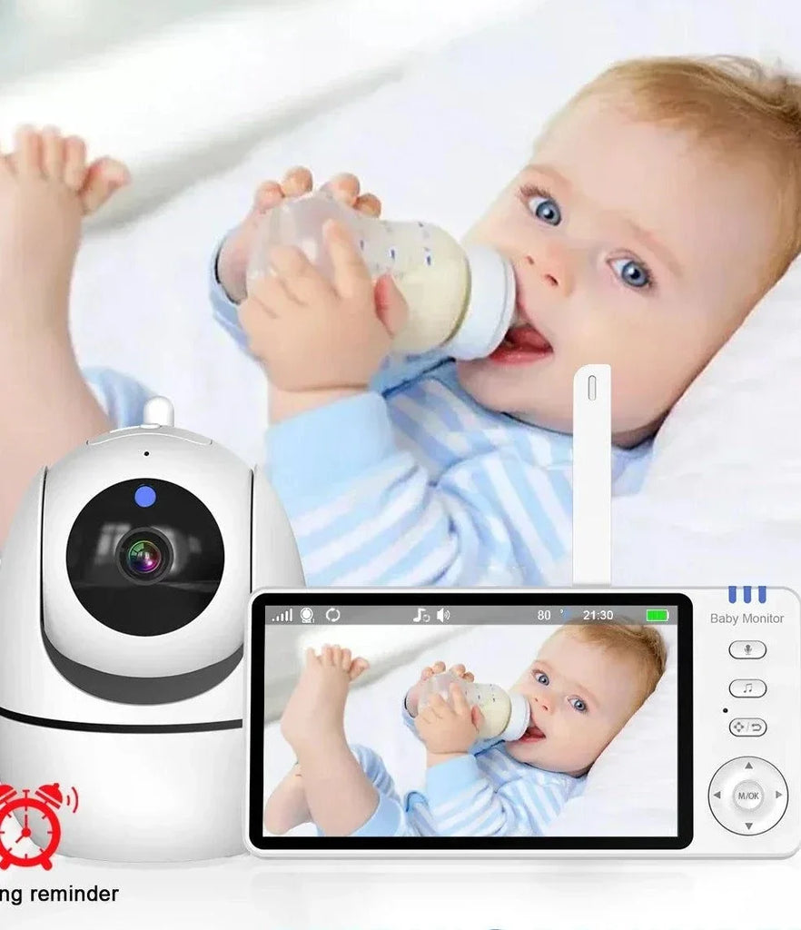 5-inch smart baby monitor with camera, PTZ zoom, temperature sensor, and two-way audio display