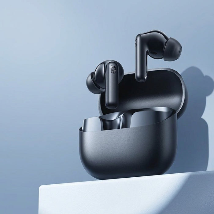 Baseus wireless earbuds in a charging case, shown on a dark blue gradient background with product feature icons and text including noise reduction, 11+6mm driver, 6-mic AI clear calls, 65Hrs long playtime, LDAC, and Hi-Res Audio Wireless.