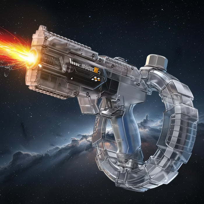 Toy water gun with 'Transform Linkage' feature on a dark space-themed background