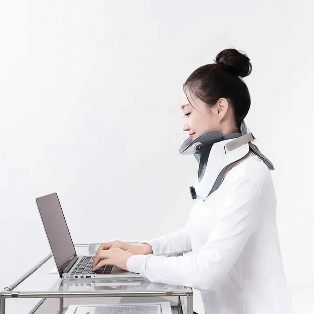 Person using a neck pillow while working on a laptop with a plain background