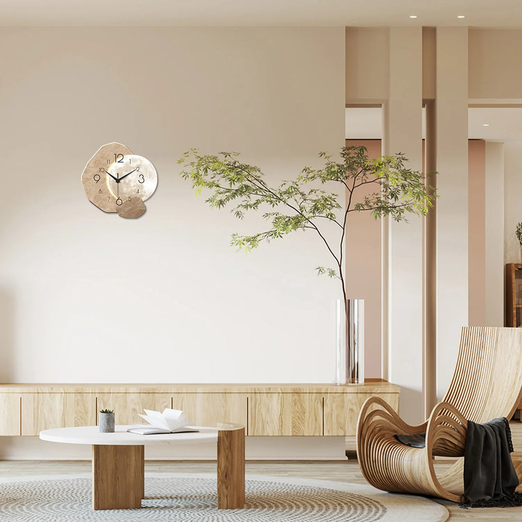 Modern Simple Silent Wall Clock | Moon Design Bamboo & Wooden Quartz Clock
