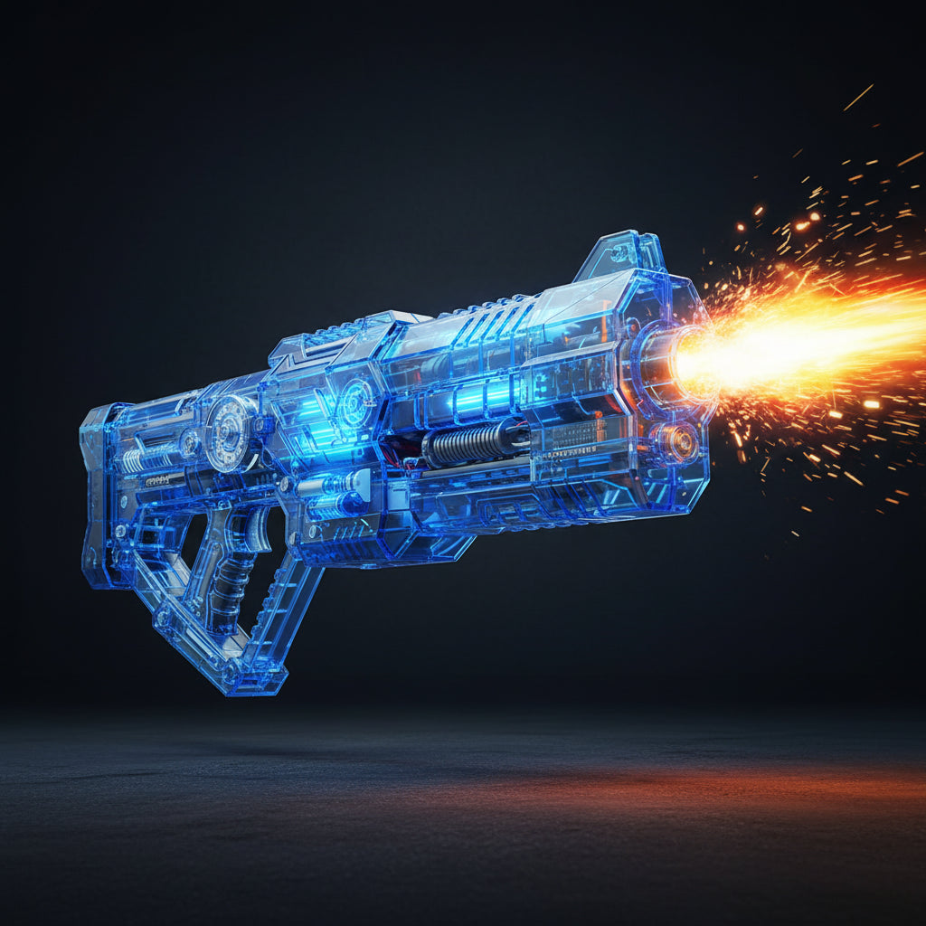 Toy gun with blue transparent design and orange burst effect on a dark background, featuring the text 'UNLKD Transformation' and 'Mechanical Deformation Structure'.
