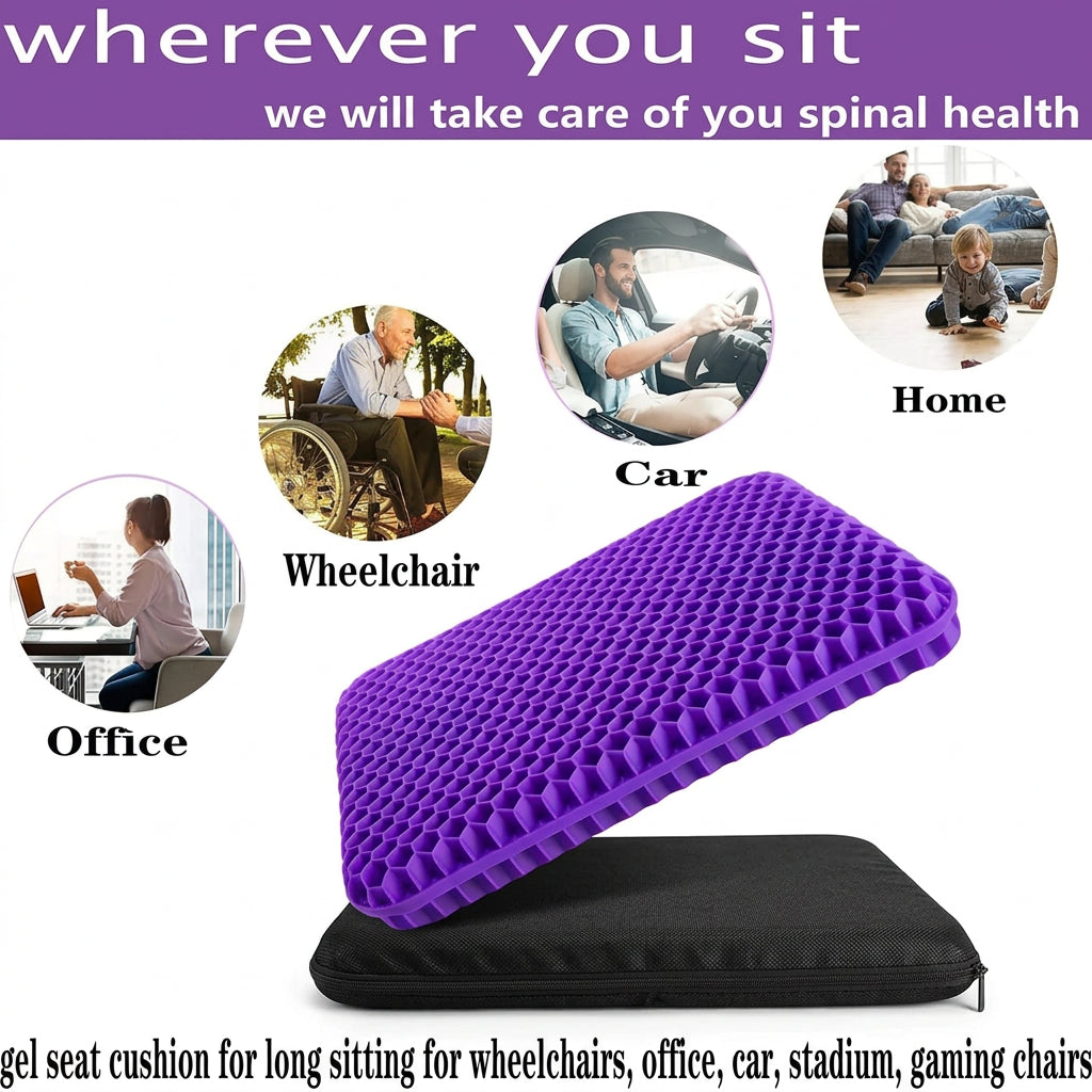 Purple seat cushion with text about spinal health and its use in various settings.
