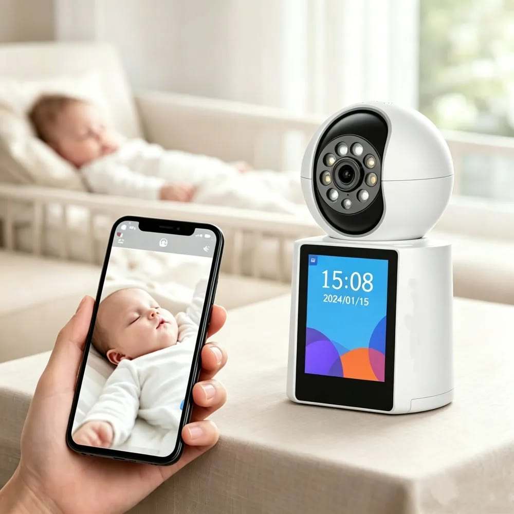 5-inch smart baby monitor with camera, PTZ zoom, and temperature sensor on display screen