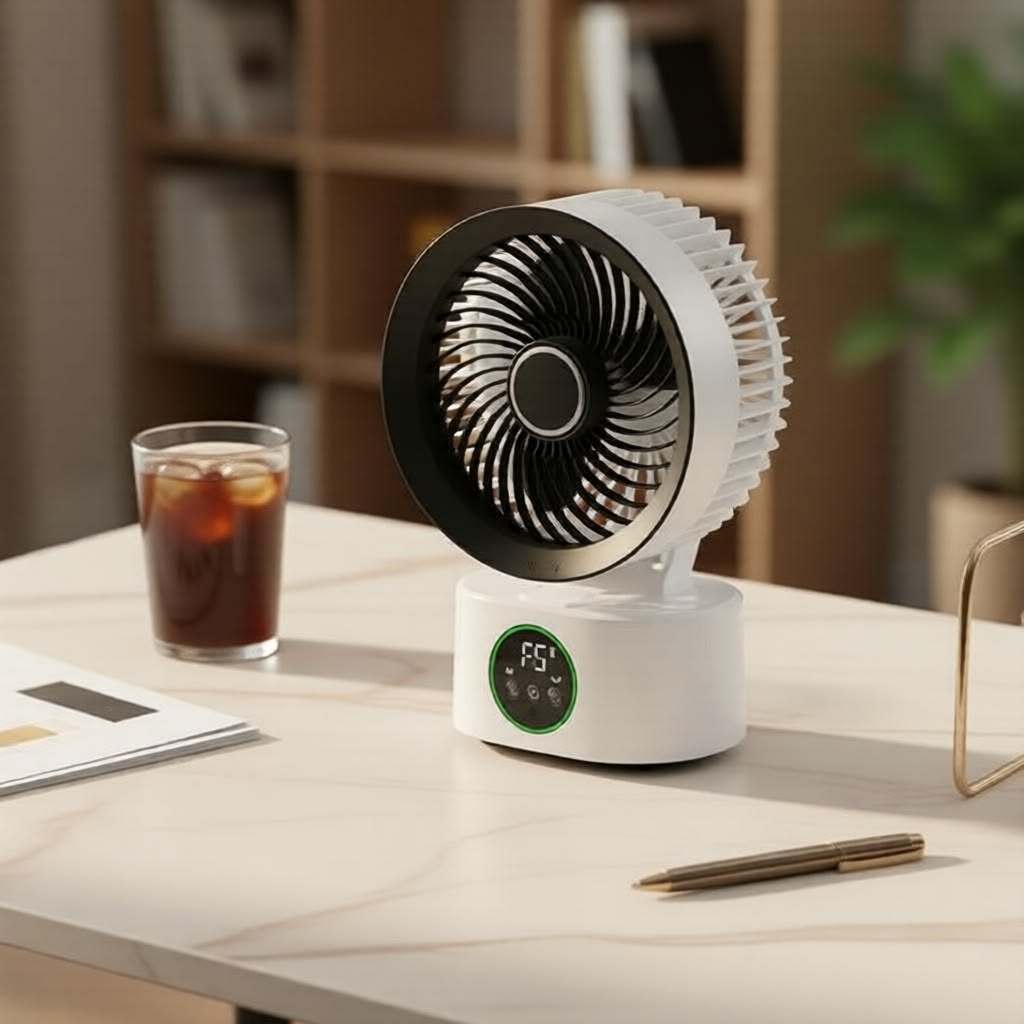Rechargeable portable camping fan with 3-in-1 desktop, standing, and ceiling modes and LED light