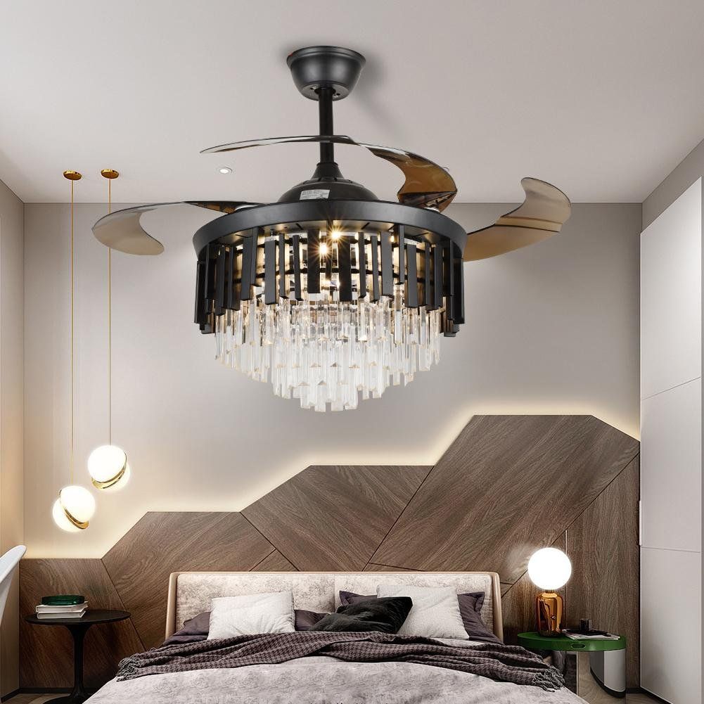 Modern Crystal Ceiling Fan with Retractable Blades – APP & Remote Control LED Lightn