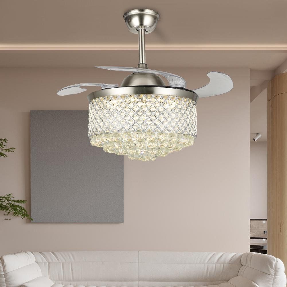 Modern Crystal Ceiling Fan with Retractable Blades – APP & Remote Control LED Lightn