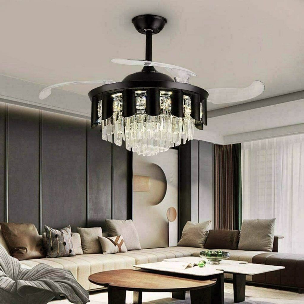 Modern Crystal Ceiling Fan with Retractable Blades – APP & Remote Control LED Lightn