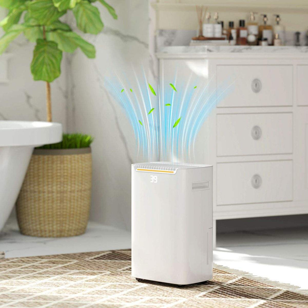 HOMCOM 10L Portable Quiet Dehumidifier for home with 10L capacity, quiet 38dB operation, removable water tank, LED display, and caster wheels