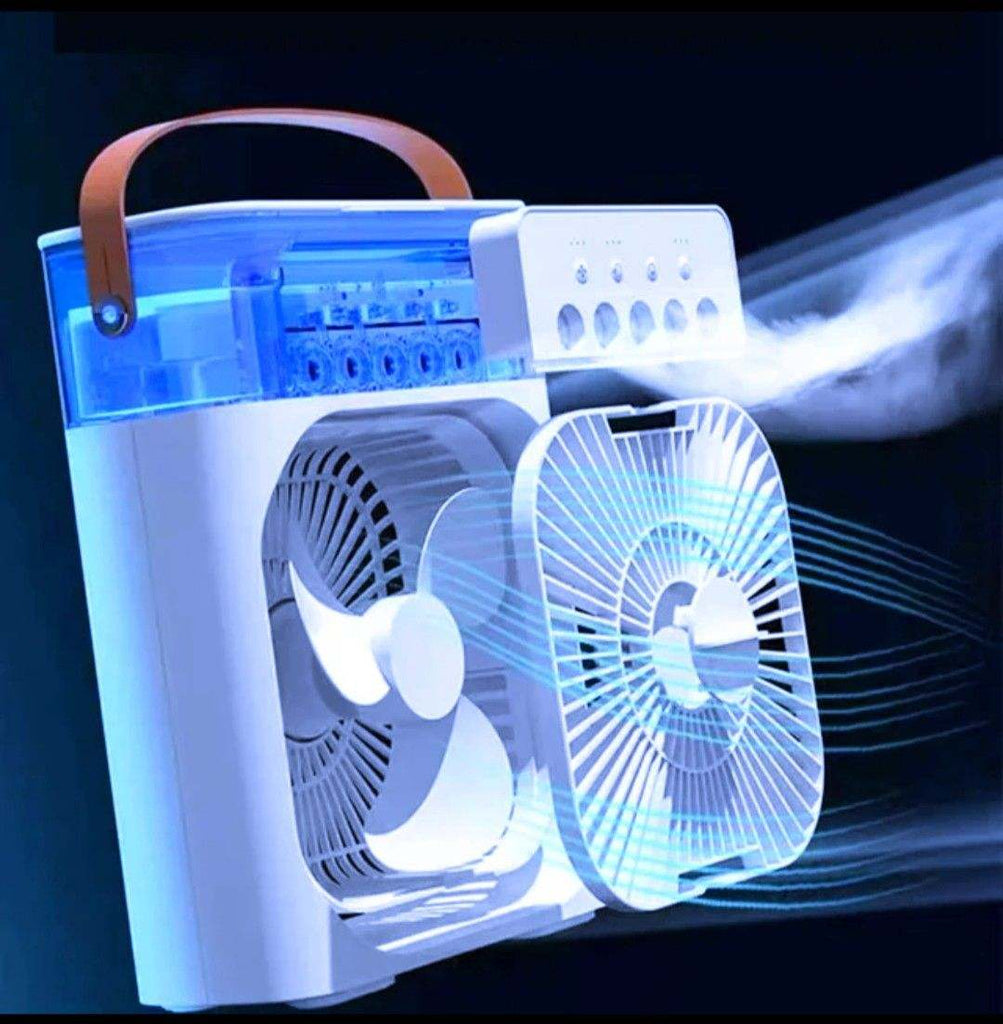 Portable USB air cooler fan on desk with LED night light and 3 speed settings