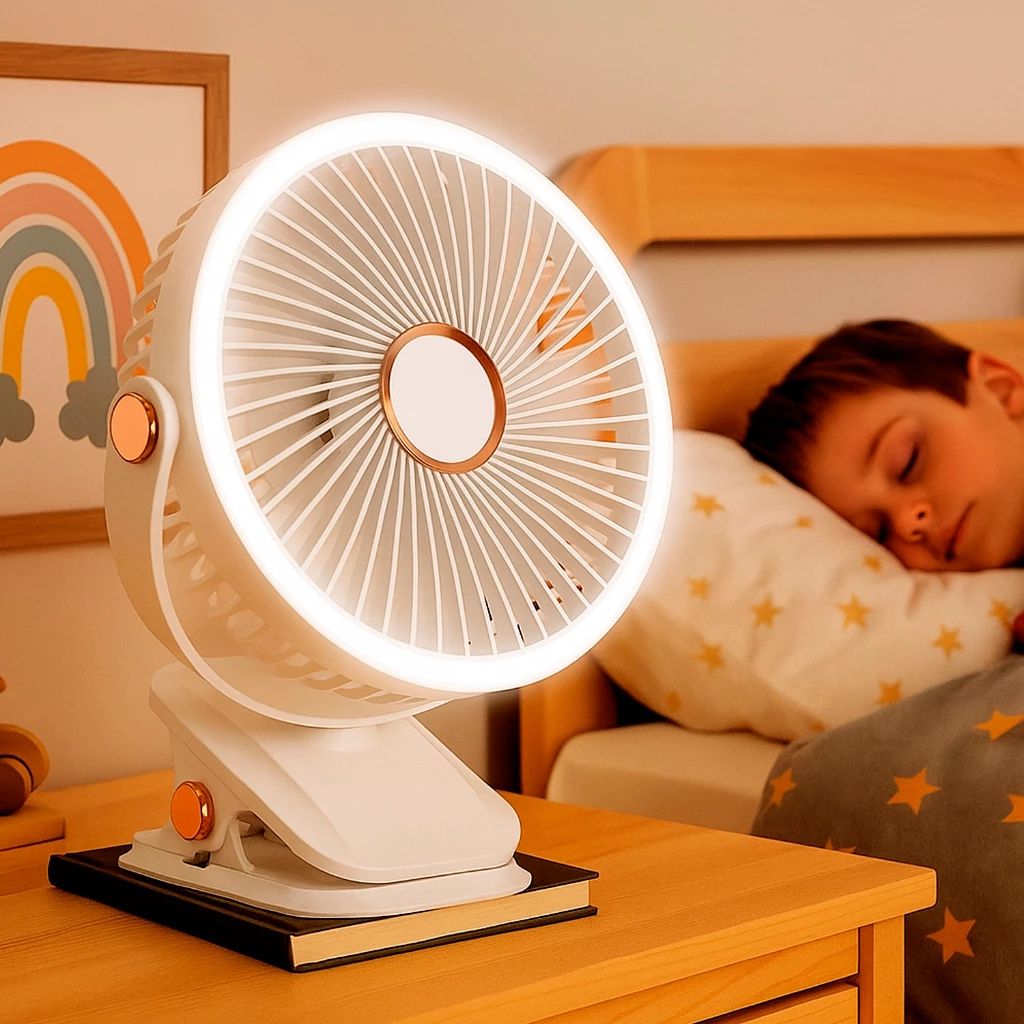 Rechargeable portable camping fan with 3-in-1 design, LED light, and rechargeable battery for outdoor use