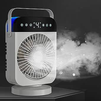 Compact portable USB air cooler fan with 3 speed settings and LED night light on a desk